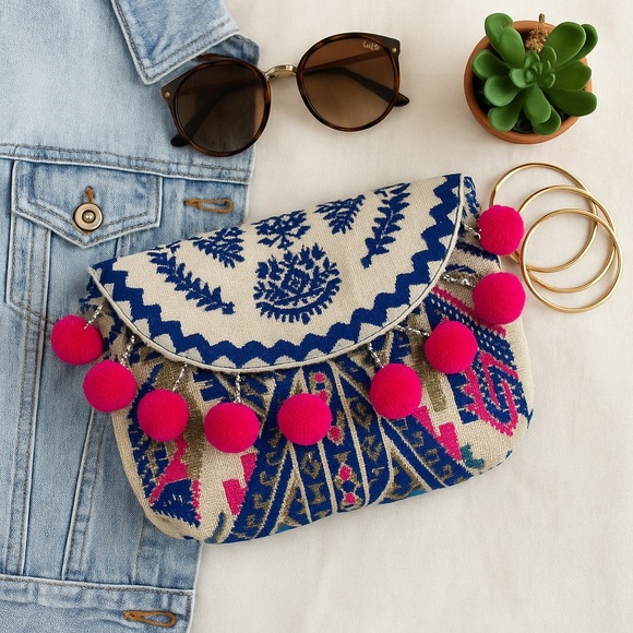Paper Source Boho Pom Pom Clutch – Embroidered Tribal Print - Picture 1 of 9